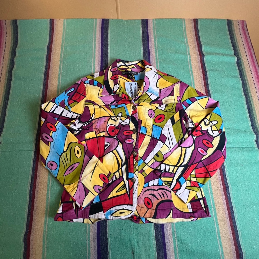 Abstract art Jacket Womens XL Multicolor Print Button Up Stretch